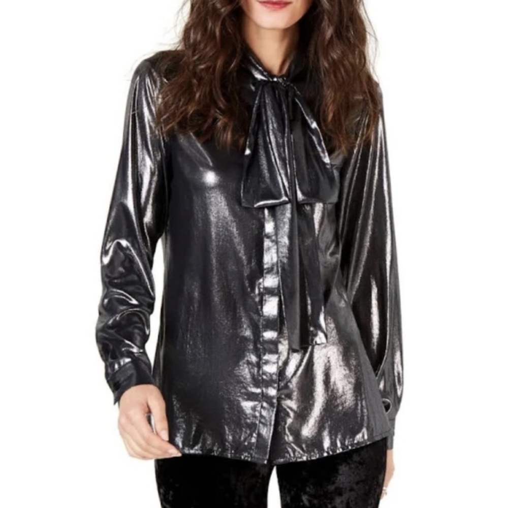 Michael Kors Metallic Black Bow-Tie Blouse